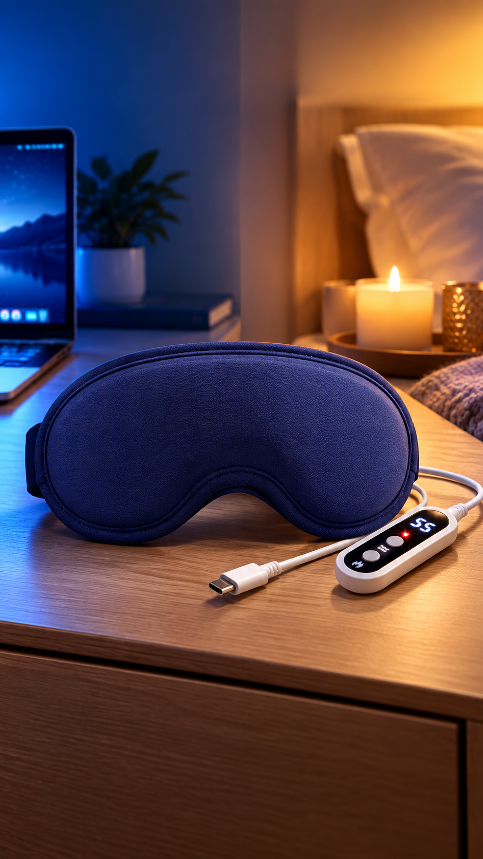 Masque yeux chauffant LUMIVA sur une table de nuit à côté d'un ordinateur portable, le soir