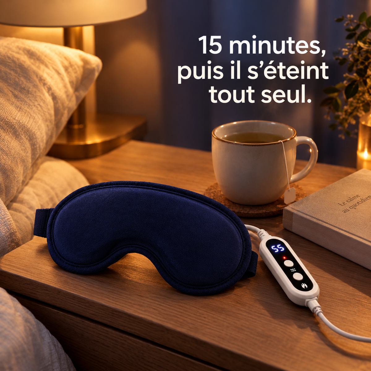 Masque LUMIVA sur une table de nuit, arrêt automatique après 15 minutes
