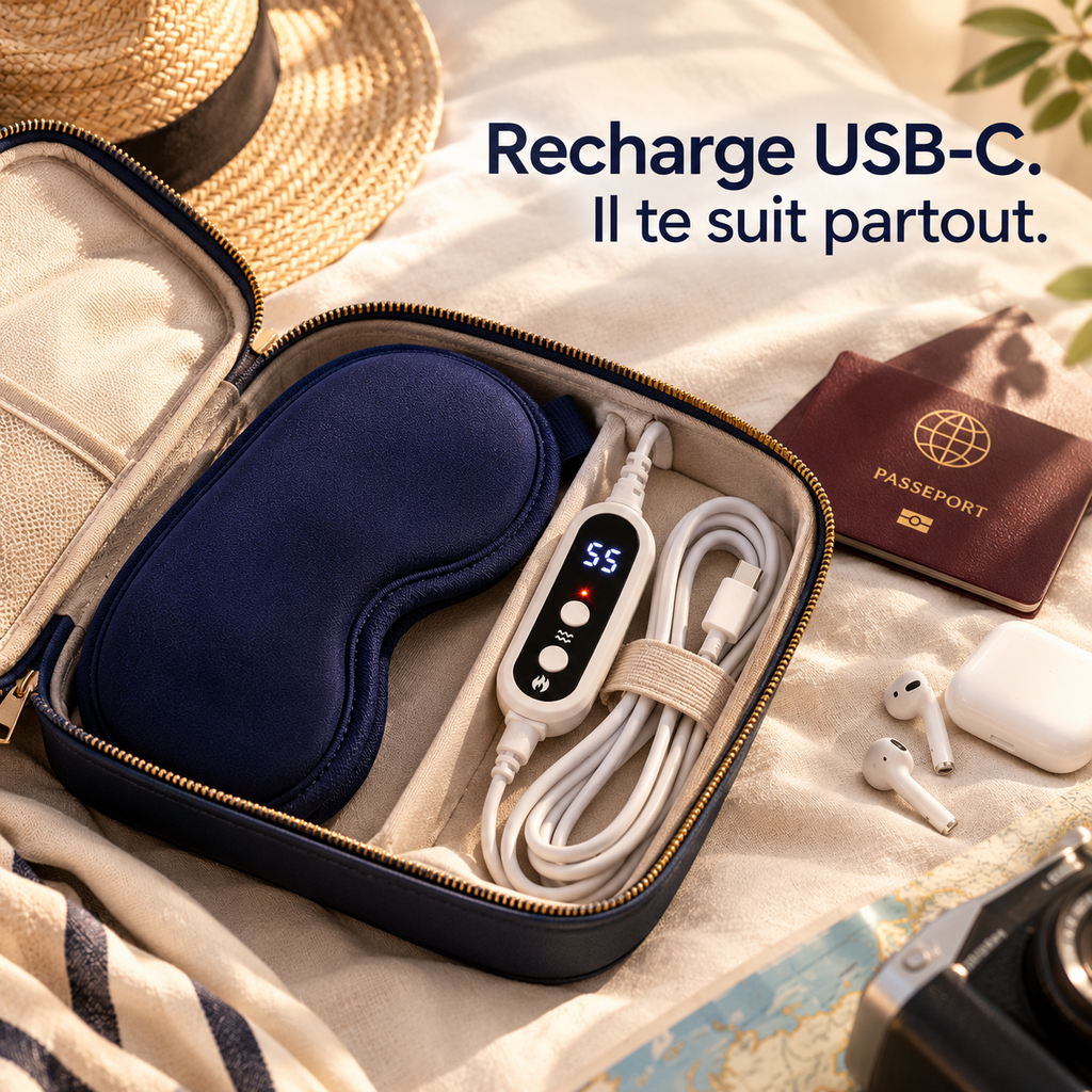 Masque yeux chauffant LUMIVA rechargeable en USB-C, à emporter en voyage