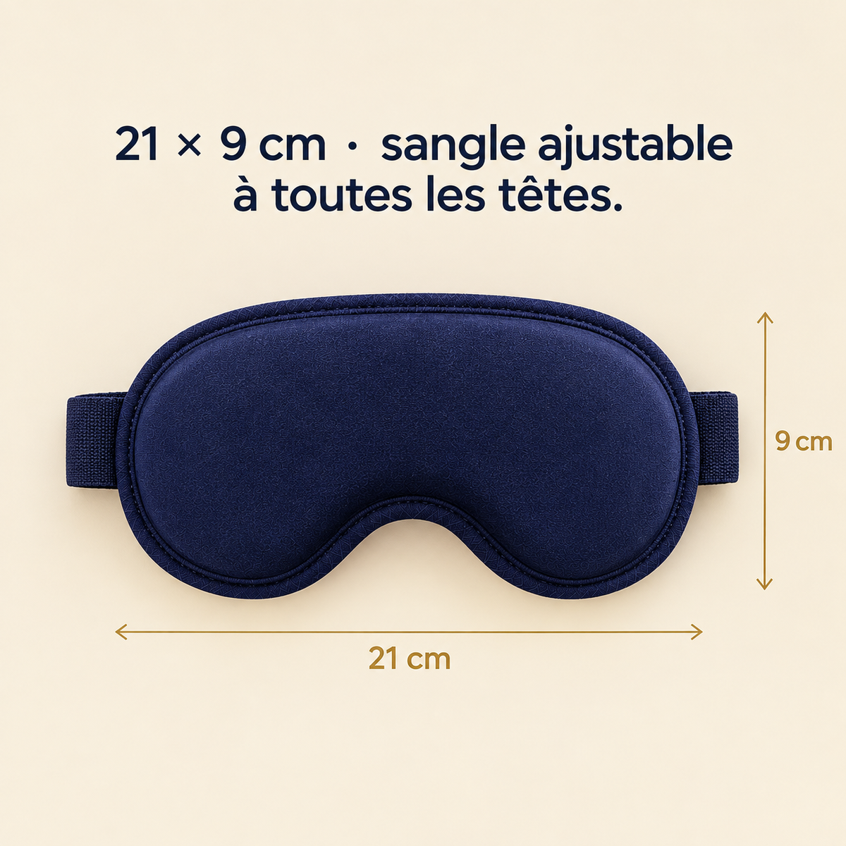 Dimensions du masque yeux LUMIVA : 21 × 9 cm, sangle ajustable