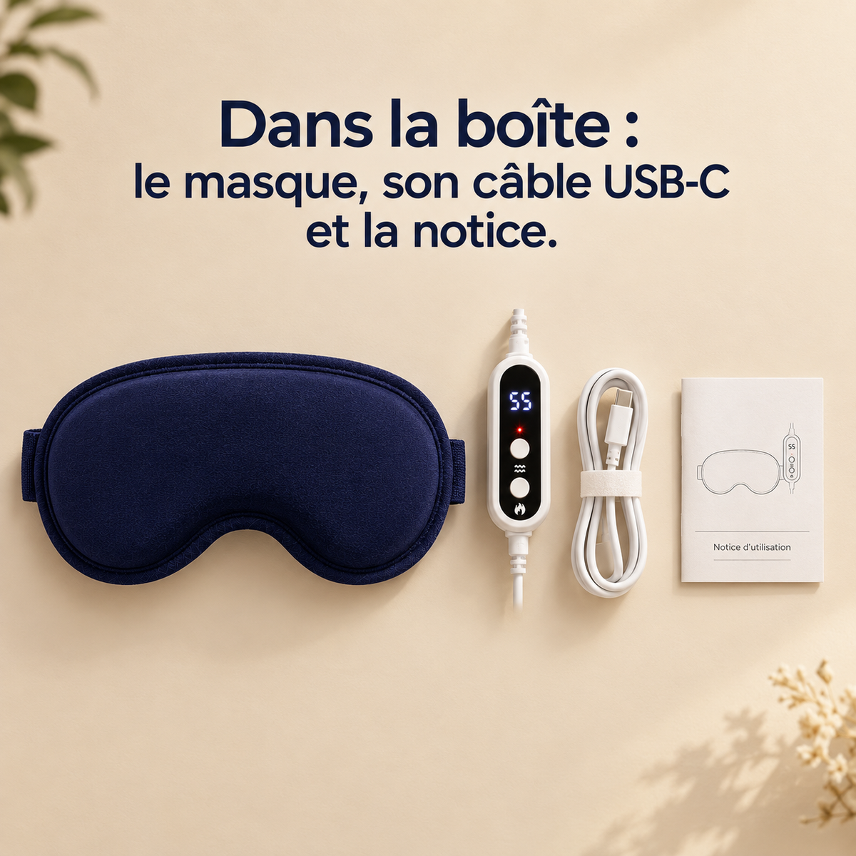 Contenu de la boîte LUMIVA : masque, câble USB-C et notice