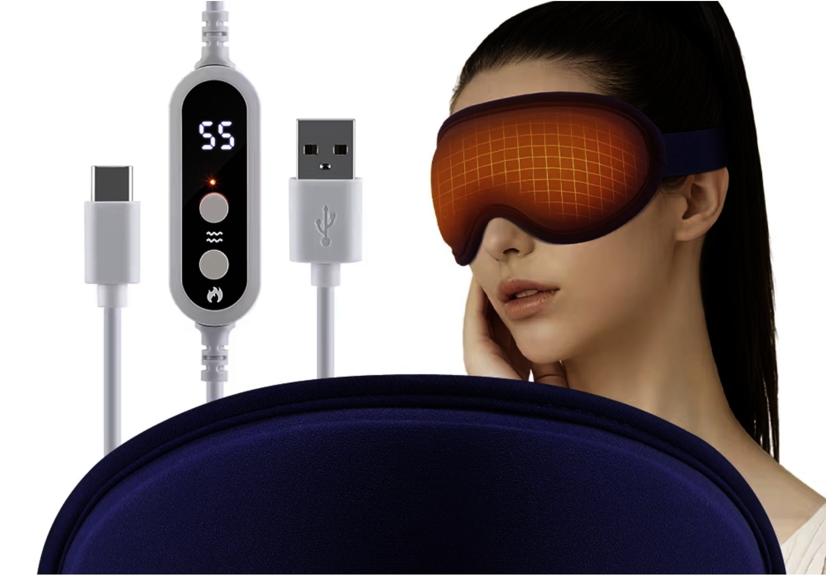 Masque yeux chauffant LUMIVA porté, compresse chaude 55°C et contrôleur USB-C